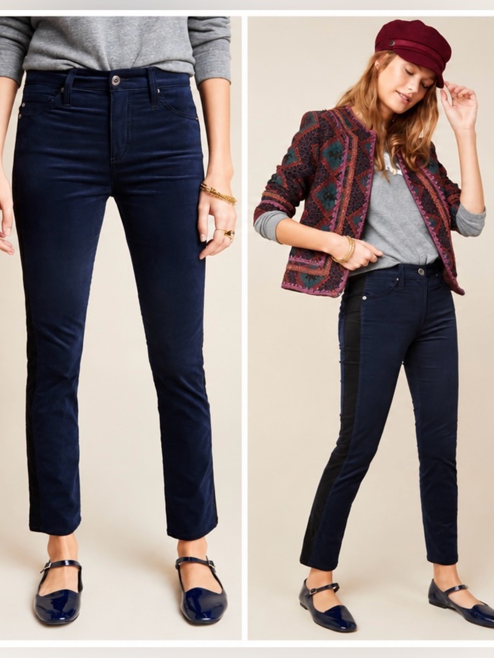 AG Anthropologie Mari Tuxedo Stripe Velvet Pants Navy Slim Trouser Size 25 NWT
